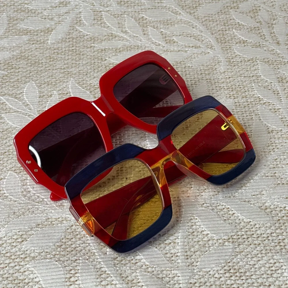 Stylish Chunky Square Red and Blue Sunglasses 2 pair